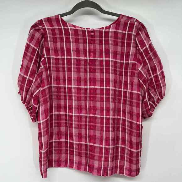 Madewell Plaid Puff-Sleeve Top Women's Sz L Bold Pink Textural Sheer Style MC052 - Picture 2 of 8